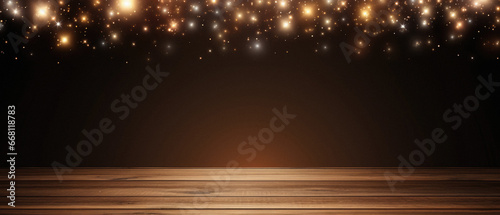 Christmas background with wooden floor and bokeh lights. photo