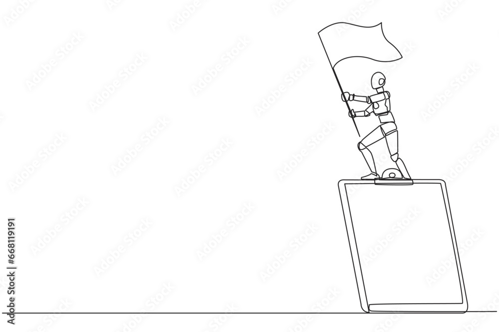 Obraz premium Single one line drawing of robotic artificial intelligence standing on giant clipboard holding fluttering flag. Future technology robot development concept. Continuous line design graphic illustration