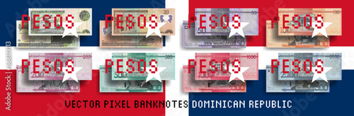 Vector pixel mosaic set of Dominican Republic banknotes. Bills in denominations of 10, 20, 50, 100, 200, 500, 1000 and 2000 pesos. Flyers or play money.