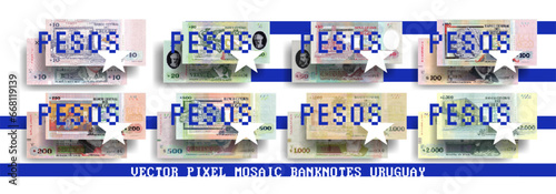 Vector pixel mosaic set of Uruguay banknotes. Collection of bills in denominations of 10, 20, 50, 100, 200, 500, 1000 and 2000 Uruguayan pesos. Play money or flyers.