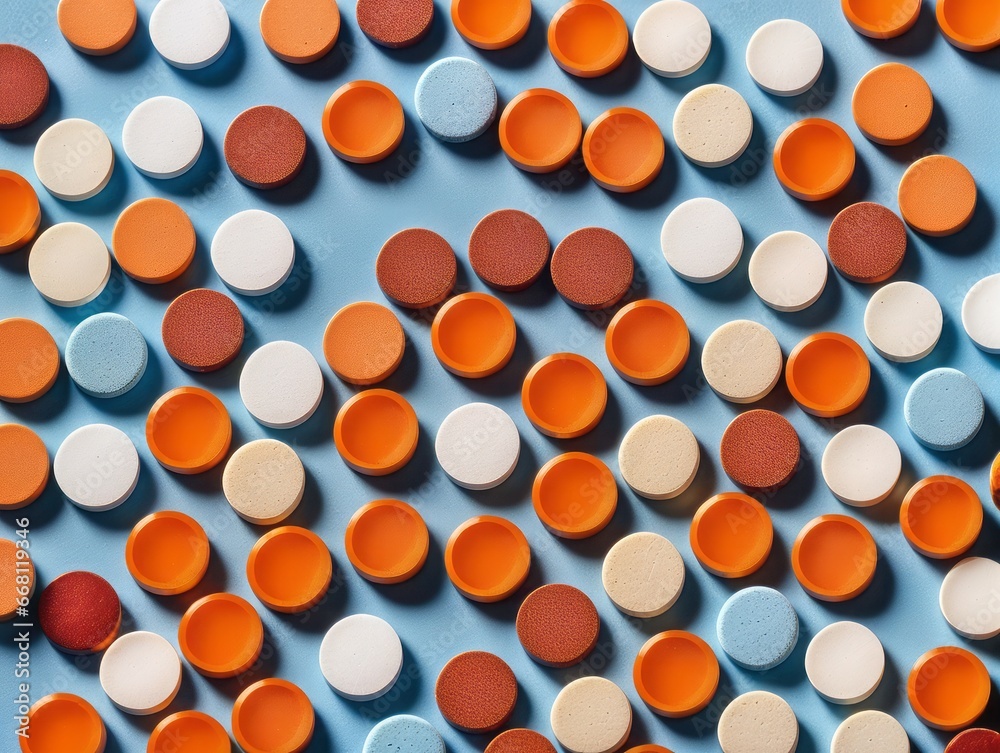 Round tablets of orange and white color on a blue background, top view