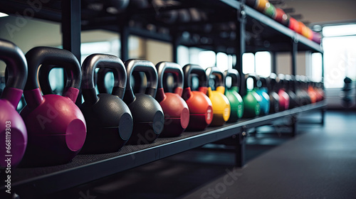 Assortment of kettlebells on a tidy rack