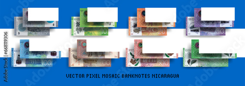 Vector set of pixel mosaic banknotes of Nicaragua. Collection of bills in denominations of 5, 10, 20, 50, 100, 200, 500 and 1000 cordobas. Play money or flyers.