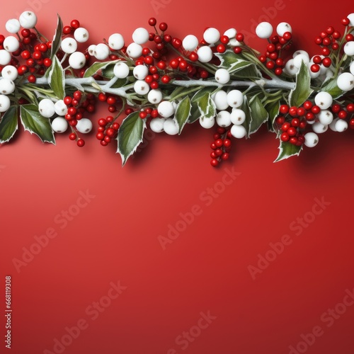 Christmas and New Year holiday banner with a Red background and a Mistletoe. Concept with space for text for ads, banners and greeting card © Viktoriia