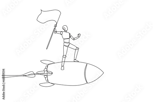 Single continuous line drawing of robot standing on flying rocket through the sky holding the flag. Entrepreneur make a robot to starting a new business startup. One line design vector illustration