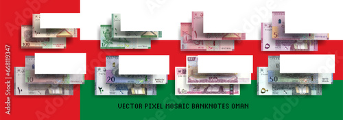 Vector set of pixel mosaic banknotes of Oman. Collection of bills in denominations of 100 baisa, half rial, 1, 5, 10, 20 and 50 rials. Play money or flyers.