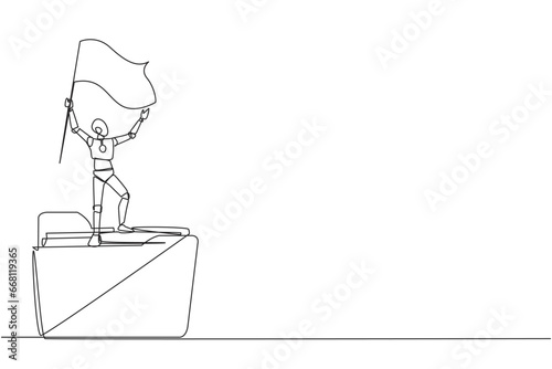 Single continuous line drawing of robots standing on big folder icon holding flag. Arranged business plan, keep records, practice. Be a champion. Future robotic. One line design vector illustration