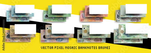 Vector set of pixel mosaic Brunei banknotes. Collection of bills in denominations of 1, 5, 10, 50, 100, 500, 1000 and 10000 ringgit or dollars. Play money or flyers.