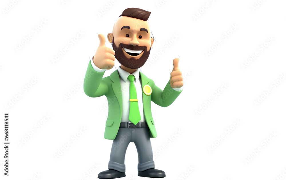 Smiling a Green Energy Advocate with Up his Thumbs 3D Character Isolated on Transparent Background PNG.