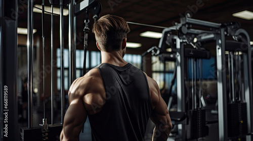 Person on lat pulldown machine back muscles engaged clean and well-maintained section of the gym © javier