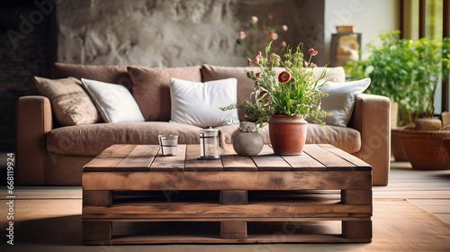 Rustic coffee table made from old wooden crate with blurred room backdrop photo