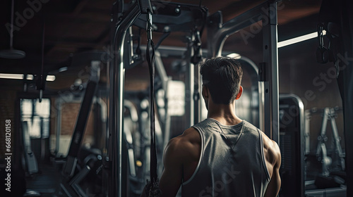 Person using lat pulldown machine engaging back muscles in clean well-maintained gym section photo