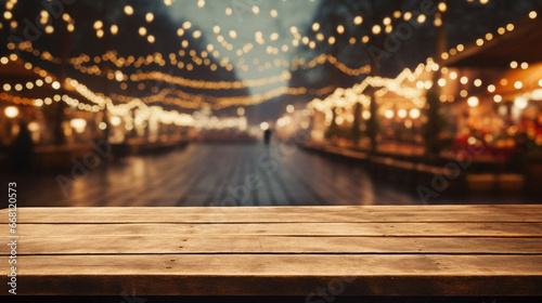 Empty wooden table in front of blurred background with bokeh lights.