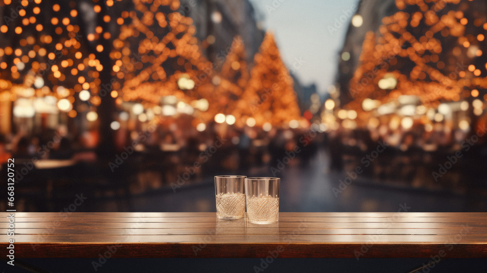 Empty wooden table and blurred background of street cafe with bokeh lights.