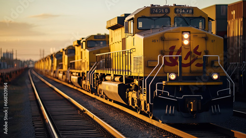 Freight Train Departure: Locomotives Pulling Loaded Cars from a Busy Rail Yard