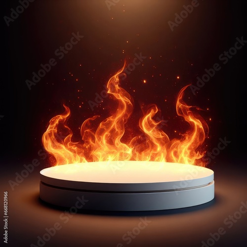  black podium for product display on dark background with fire for social media post and banners