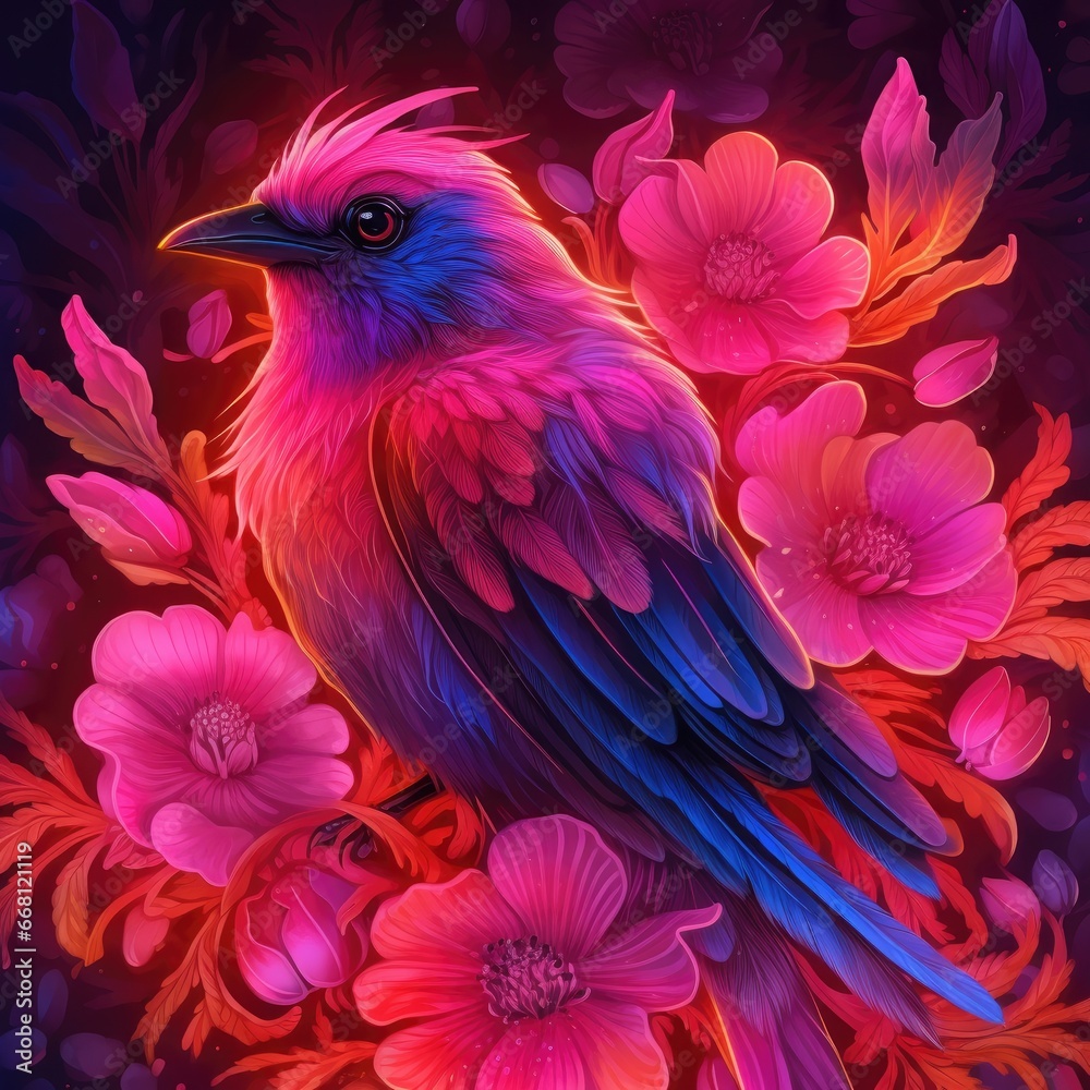 Obraz premium Colorful bird is sitting on a branch with flowers