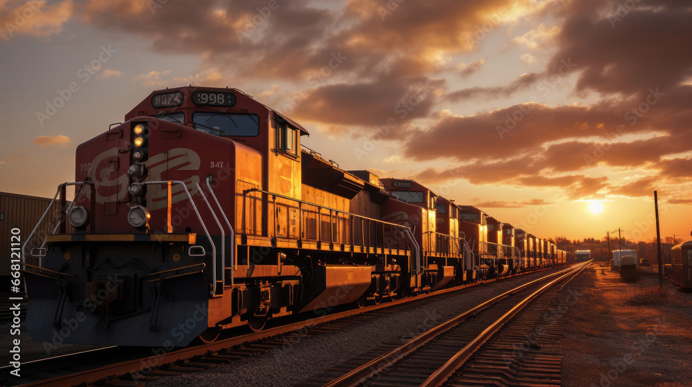 Train Depot at Sunset: Freight Trains Lined Up Ready for Departure Train Depot at Sunset: Freight Trains Lined Up Ready for Departure