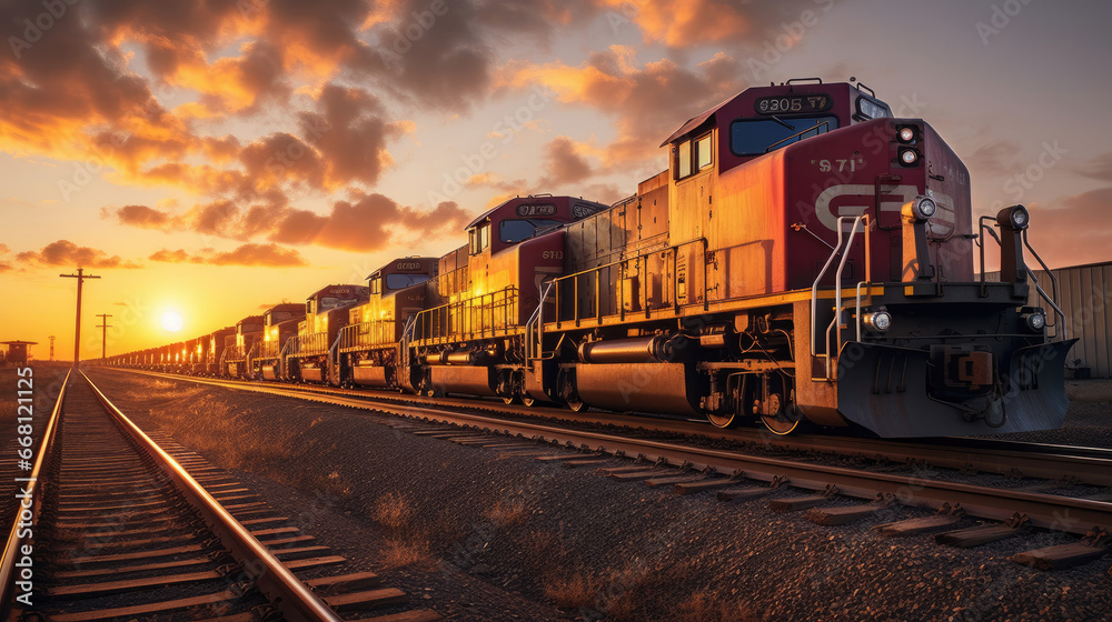 Obraz premium Train Depot at Sunset: Freight Trains Lined Up Ready for Departure