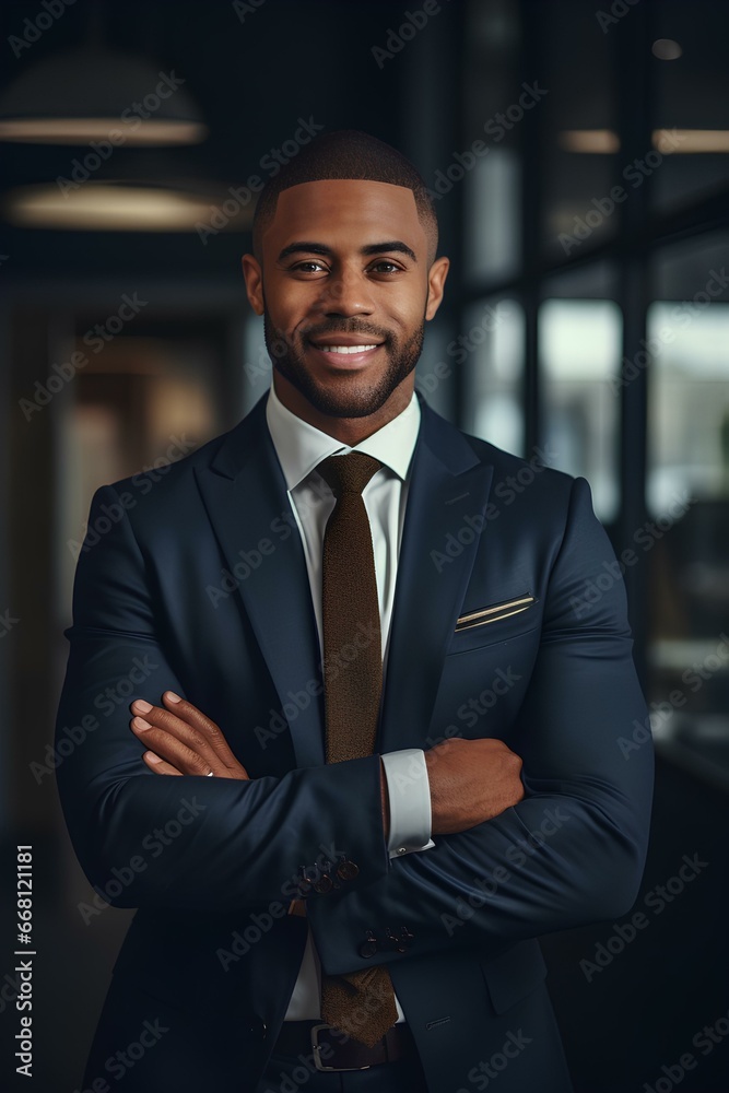 a beautiful smiling african american businessman wearing a suit in an office. generative AI