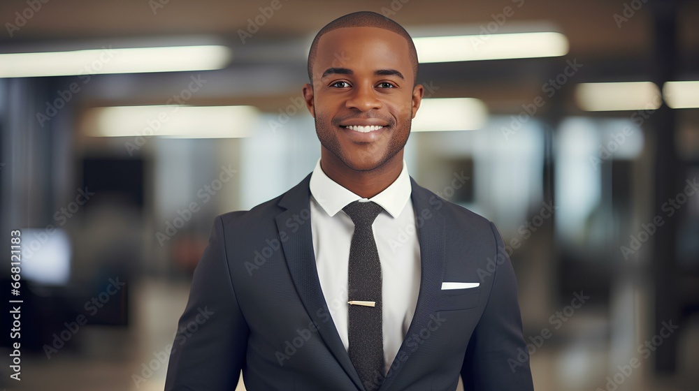 a beautiful smiling african american businessman wearing a suit in an office. generative AI