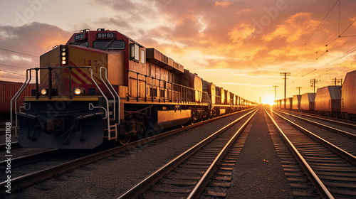 Train Depot at Sunset: Freight Trains Lined Up Ready for Departure