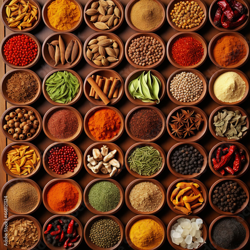 Collection of different aromatic spices and seeds in a wooden cells on black background, view from above. Generative AI