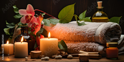 Candles and a bottle of oil and towels with a branch of cherry blossoms and small stones on the table Aromatic Bliss Towels, Oil, and Cherry Blossoms Ai Generative 