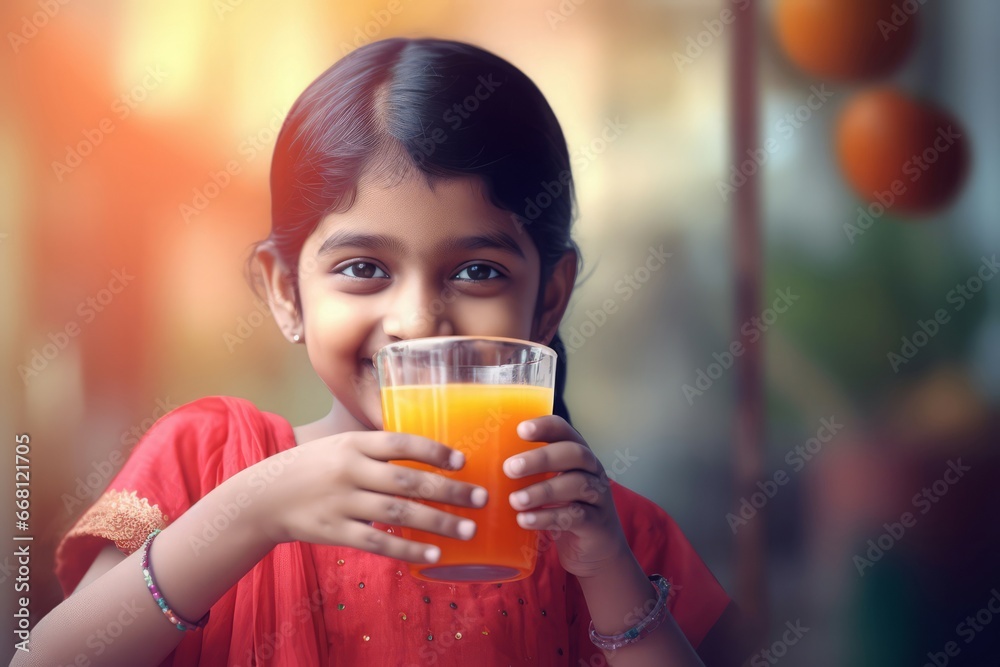 Cute smiling indian girl with orange juice. Beautiful kid drink fresh citrus. Generate Ai Cute smiling indian girl with orange juice. Beautiful kid drink fresh citrus. Generate Ai