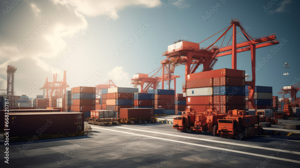 Coastal Logistics Center: Cranes Guiding Containers onto Quayside Trucks Loading for Inland Transport