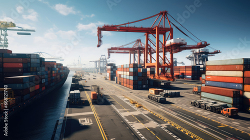 Coastal Shipping Center: Cranes Guiding Containers onto Quayside for Onward Transport