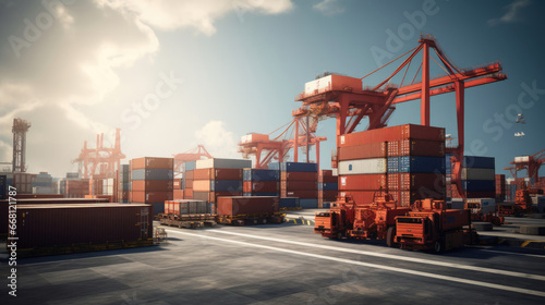 Coastal Logistics Center: Cranes Guiding Containers onto Quayside Trucks Loading for Inland Transport