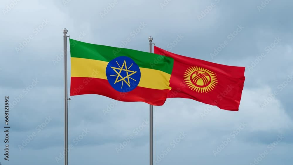 Kyrgyzstan flag and Ethiopia flag waving together on cloudy sky, endless seamless loop, two country relations concept