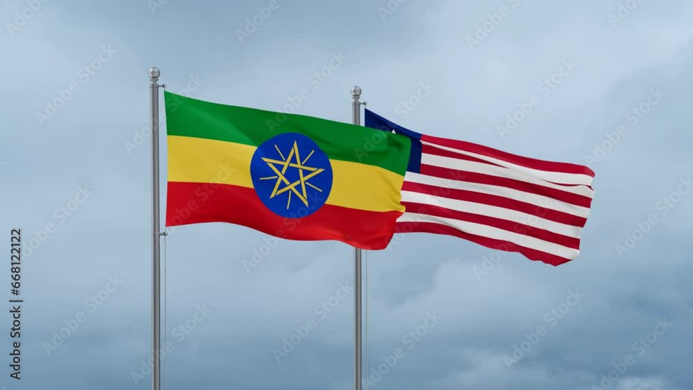 Liberia and Ethiopia flag waving together on cloudy sky, endless seamless loop, two country cooperation concept Liberia and Ethiopia flag waving together on cloudy sky, endless seamless loop, two country cooperation concept