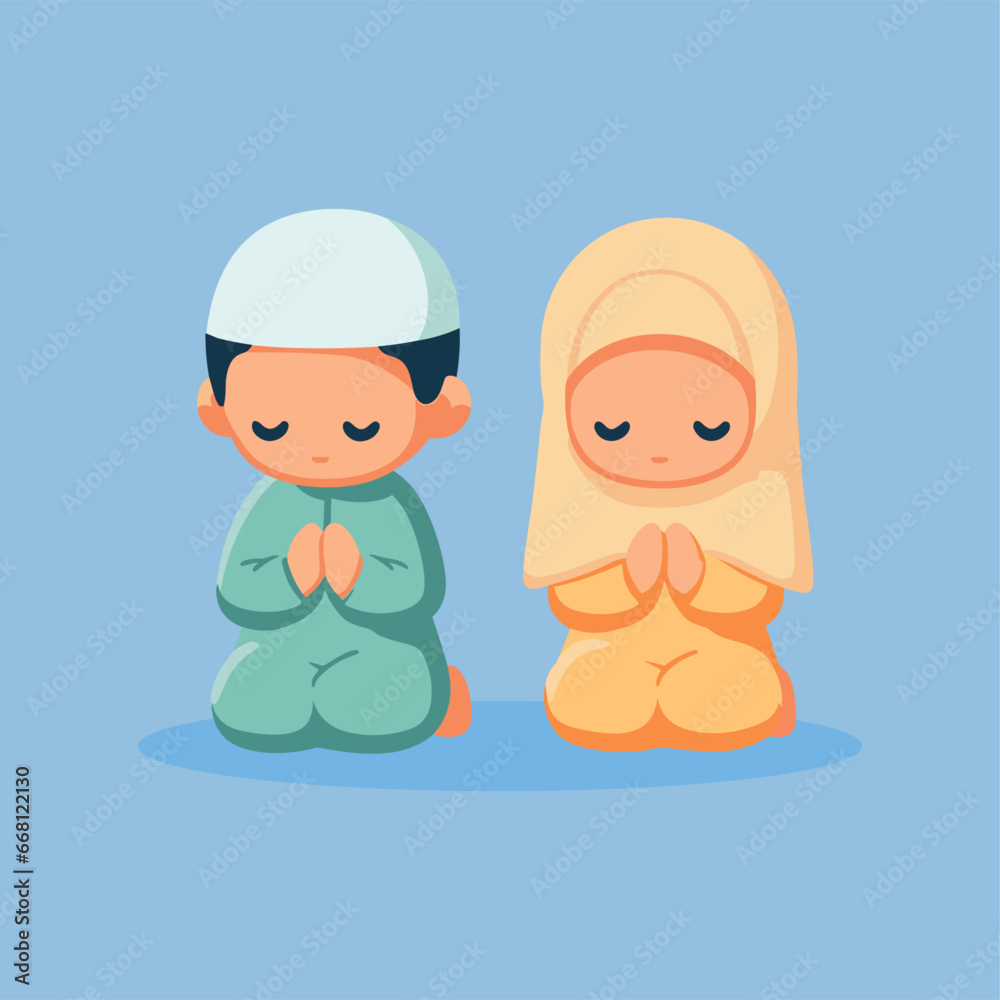 Cute little muslim child couple praying solemnly - isolated vector illustration Cute little muslim child couple praying solemnly - isolated vector illustration