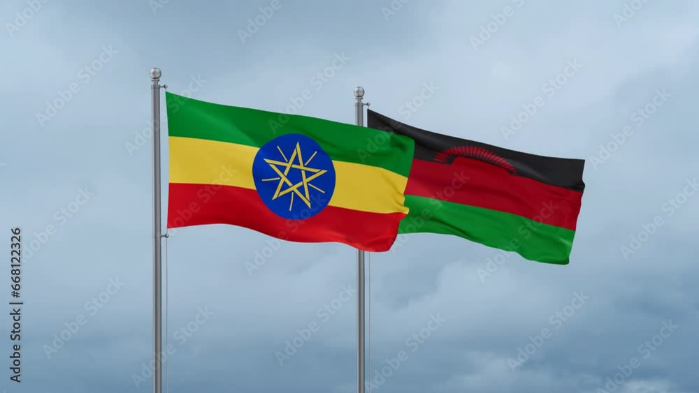 Malawi flag and Ethiopia flag waving together on cloudy sky, endless seamless loop, two country relations concept Malawi flag and Ethiopia flag waving together on cloudy sky, endless seamless loop, two country relations concept