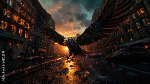 Flight eagle bird over city on background of sunset, fire and sparks on the street © Mars0hod
