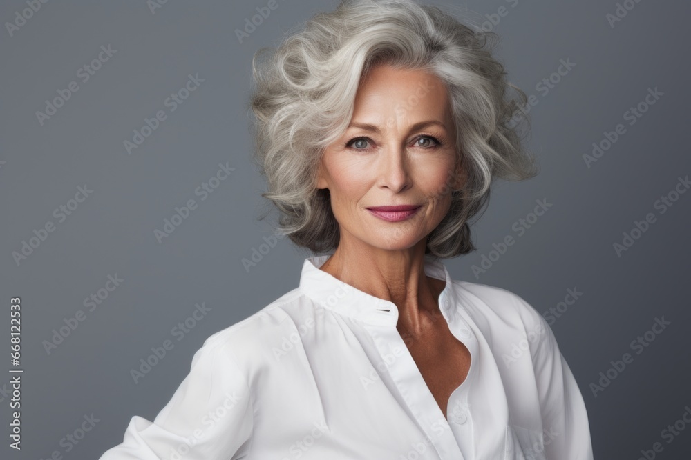 Elderly woman in white blouse on white background, curly hair. Beauty portrait happy old woman
