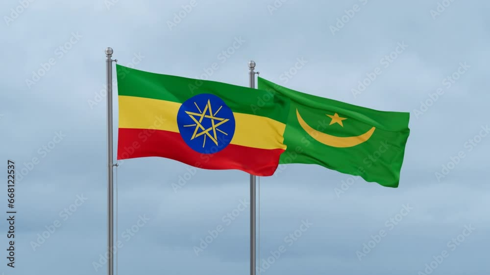 Mauritania flag and Ethiopia flag waving together on cloudy sky, endless seamless loop, two country relations concept Mauritania flag and Ethiopia flag waving together on cloudy sky, endless seamless loop, two country relations concept