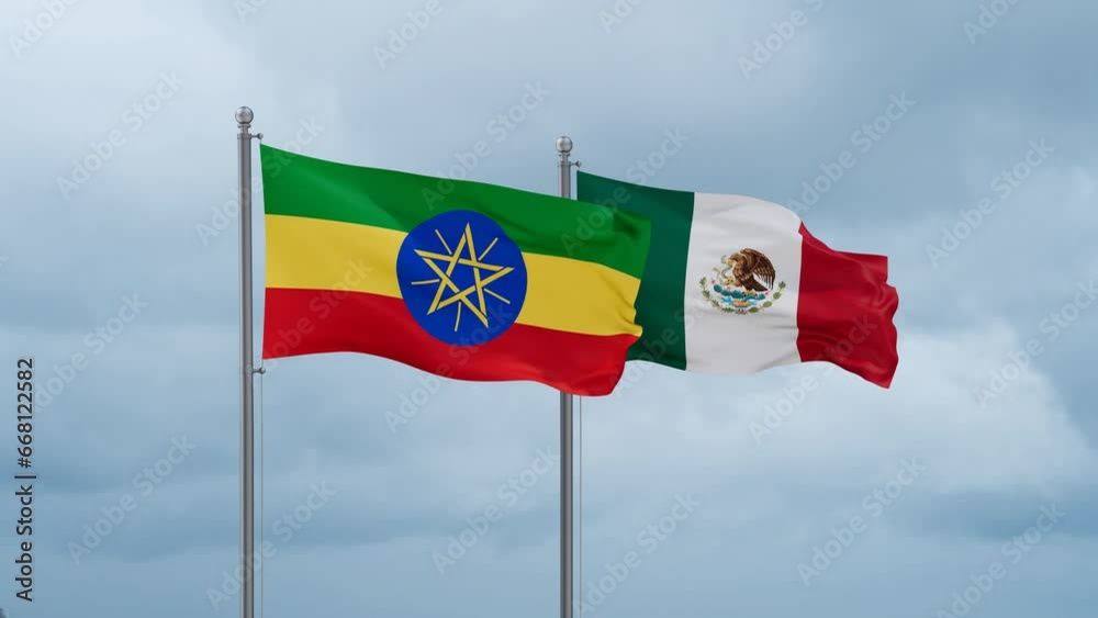 Mexico flag and Ethiopia flag waving together on cloudy sky, endless seamless loop, two country relations concept Mexico flag and Ethiopia flag waving together on cloudy sky, endless seamless loop, two country relations concept