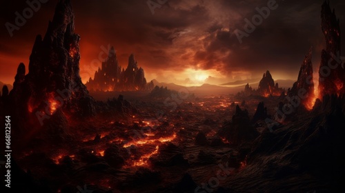 End of the world, the apocalypse, Armageddon. Lava flows flow across the planet, hell on earth, fantasy landscape inferno magma volcano © Mars0hod