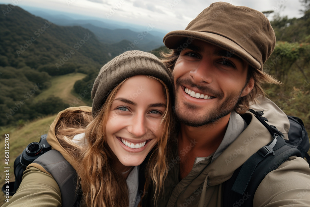  Cropped portrait of an affectionate young couple taking selfies while hiking in In nature