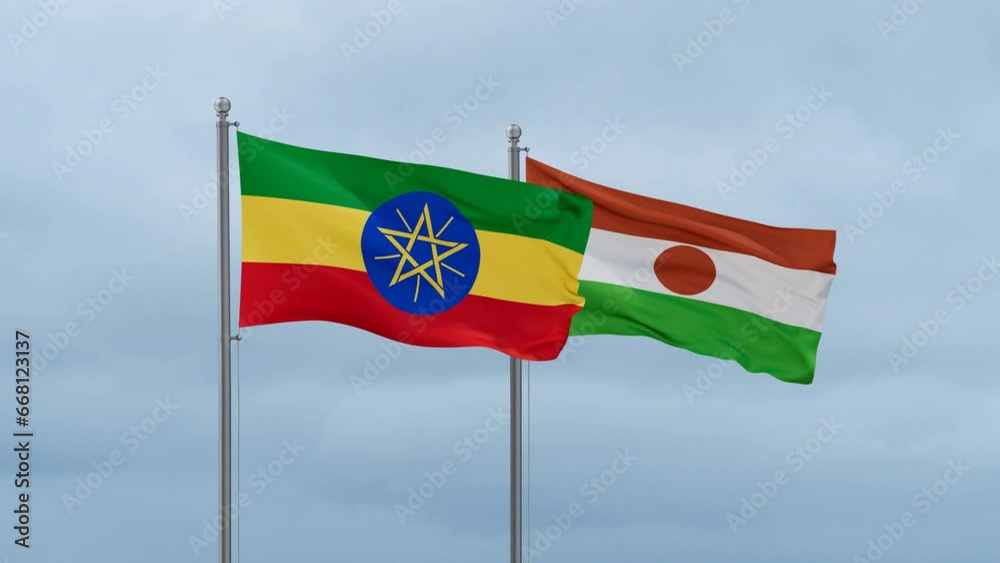 Niger flag and Ethiopia flag waving together on cloudy sky, endless seamless loop, two country relations concept Niger flag and Ethiopia flag waving together on cloudy sky, endless seamless loop, two country relations concept