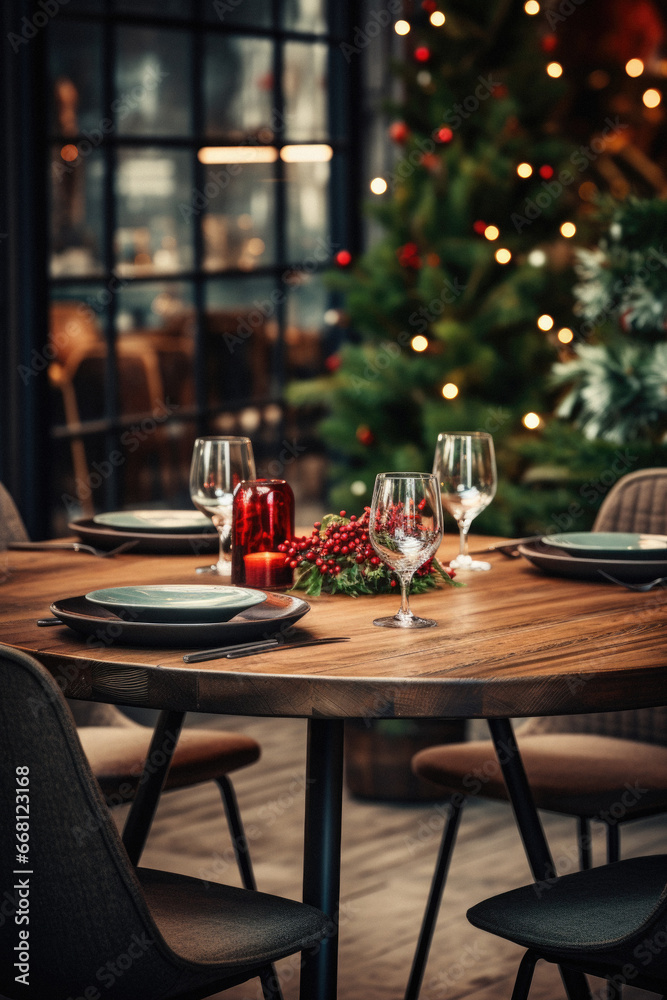 Table set for Christmas dinner in a luxury restaurant with christmas tree in the background. Table set for Christmas dinner in a luxury restaurant with christmas tree in the background.