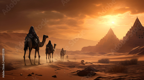 A desert scene with a camel caravan