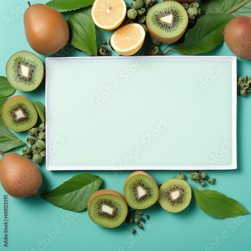 Banner with a Dark Teal background and a Kiwi with space for text. Creative food concept for ads, banners and greeting card