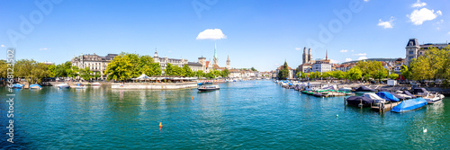 Zurich skyline city at Linth river panorama in Switzerland photo