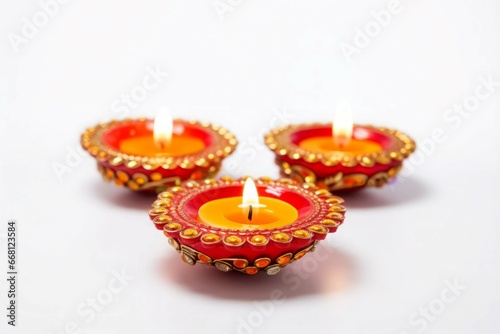 Diya lamps Diwali celebration on white background. Ceremony with oil liquid fire light. Generate Ai