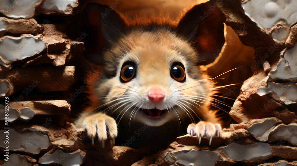 Cute mouse peeking out of a hole in the wall - obrazy, fototapety, plakaty 
