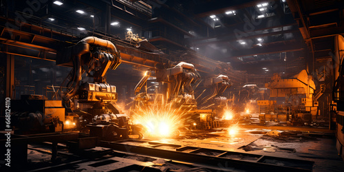 Robots in a warehouse on working and fire There is a large machine that is burning up in the dark Burning Machine in Robotic Warehouse Ai Generative